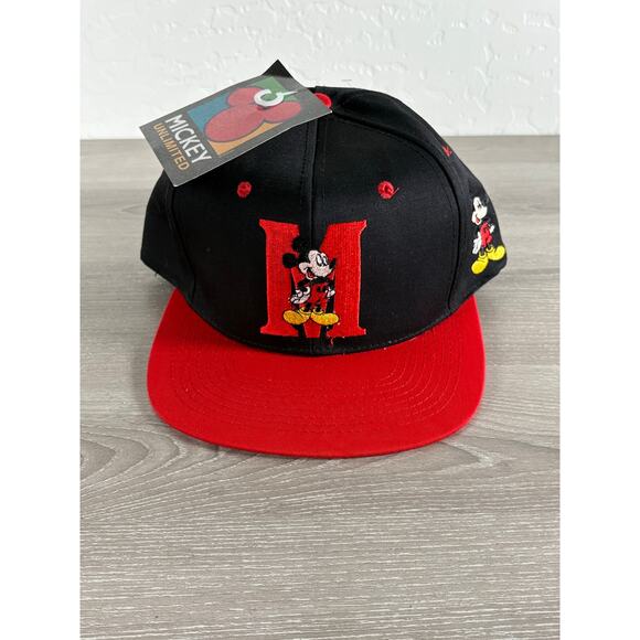 Vintage Disney Mickey Unlimited Snapback Hat Black Red Cap NWT Hong Kong 90s - Picture 1 of 6
